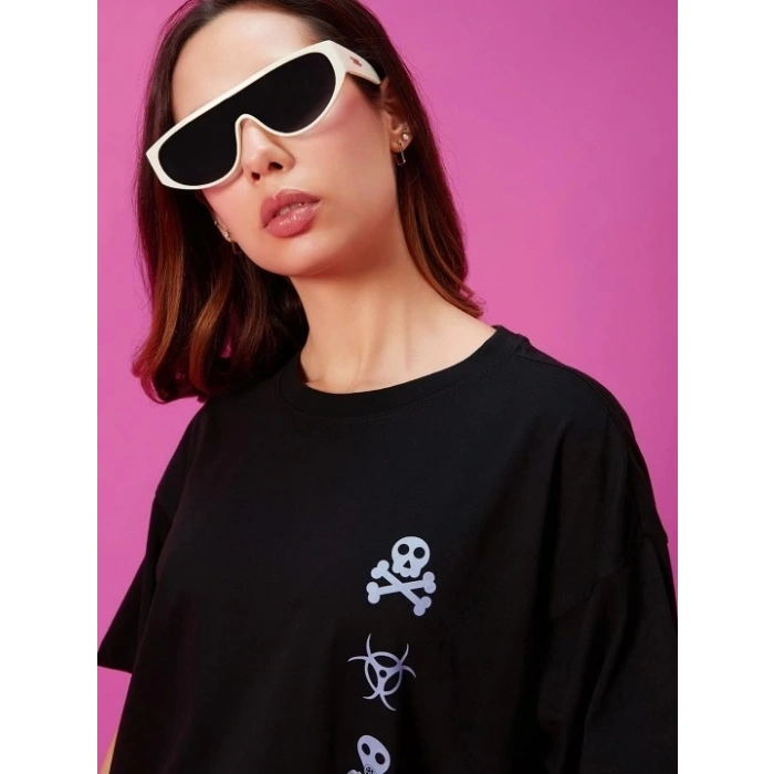 Baskılı Oversize T-shirt - Siyah