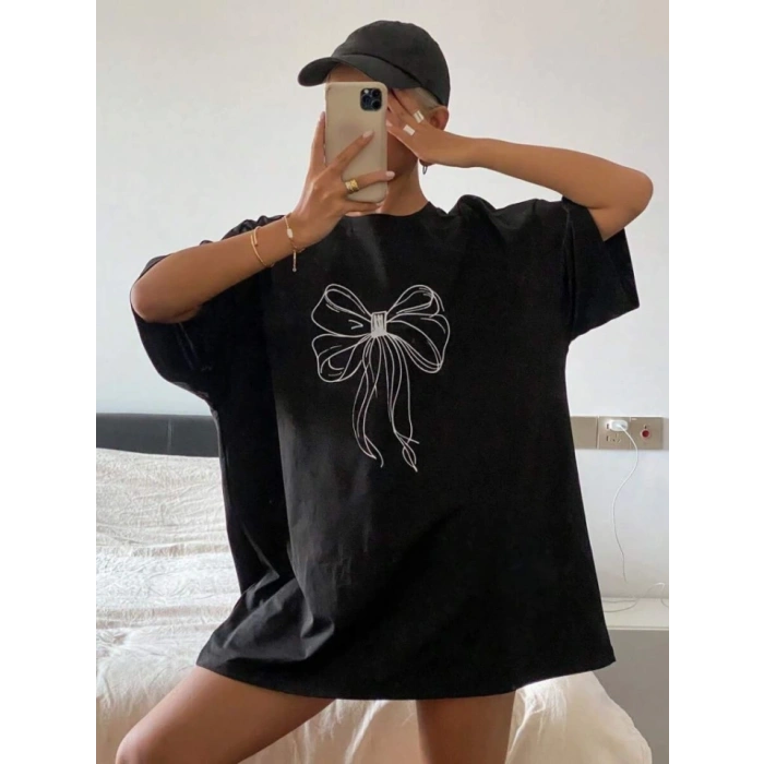 Baskılı Oversize T-shirt - Siyah