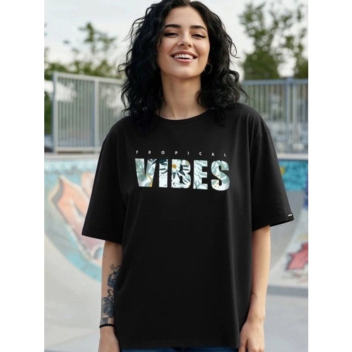 Baskılı Oversize T-shirt - Siyah