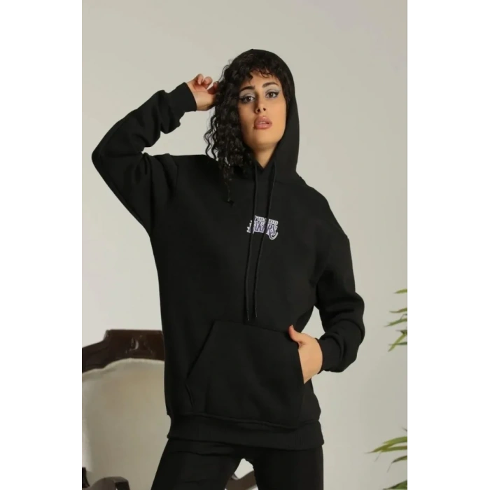 Baskılı Oversize Üç İplik Kapüşonlu Sweatshirt - Siyah