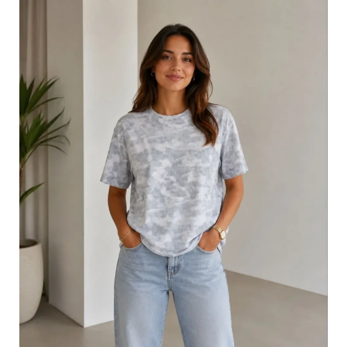 Batik Desenli Tişört Bisiklet Yaka Kısa Kol Regular Fit T-shirt - Gri