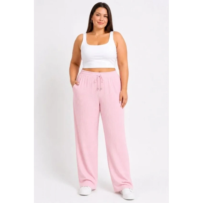 Battal Beden Bürümcük Kumaş Beli Lastikli Bağcıklı Bol Paça Palazzo Pantolon - Pembe