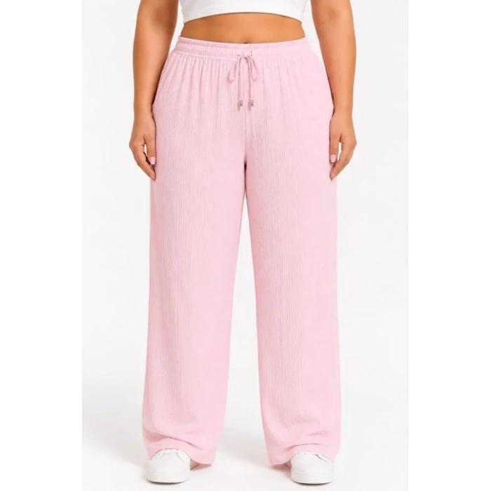 Battal Beden Bürümcük Kumaş Beli Lastikli Bağcıklı Bol Paça Palazzo Pantolon - Pembe