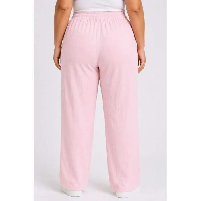Battal Beden Bürümcük Kumaş Beli Lastikli Bağcıklı Bol Paça Palazzo Pantolon - Pembe