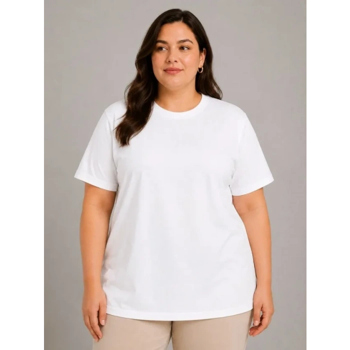 Battal Big Size Basic Tişört Bisiklet Yaka Rahat Kalıp T-Shirt - Beyaz