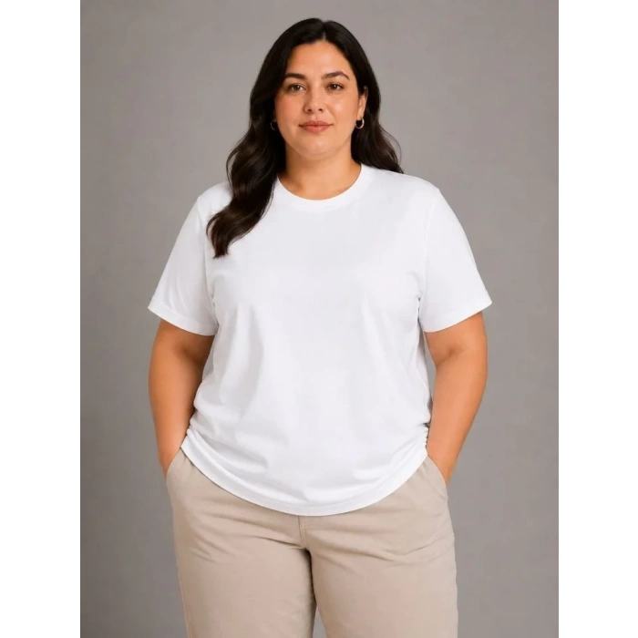 Battal Big Size Basic Tişört Bisiklet Yaka Rahat Kalıp T-Shirt - Beyaz