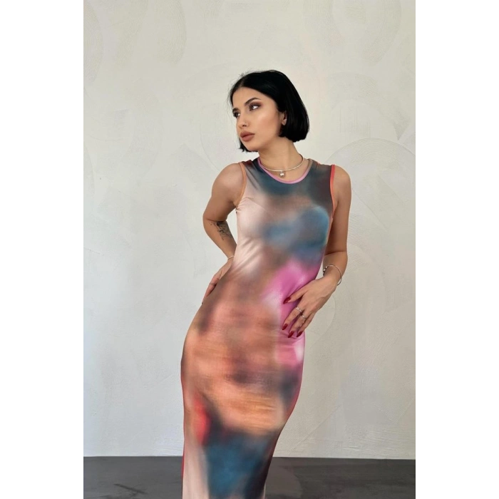 Bej Batik Desenli Elbise