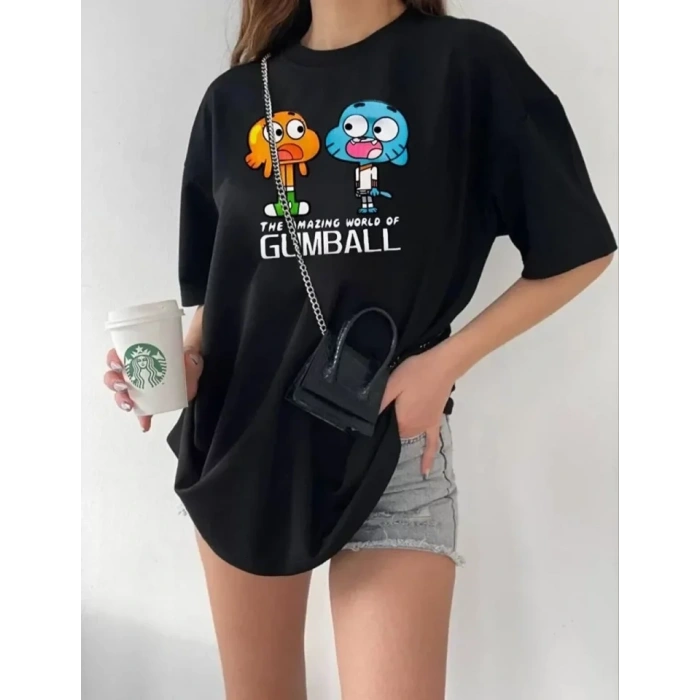 Bisiklet Yaka Baskılı Oversize T-Shirt - Siyah