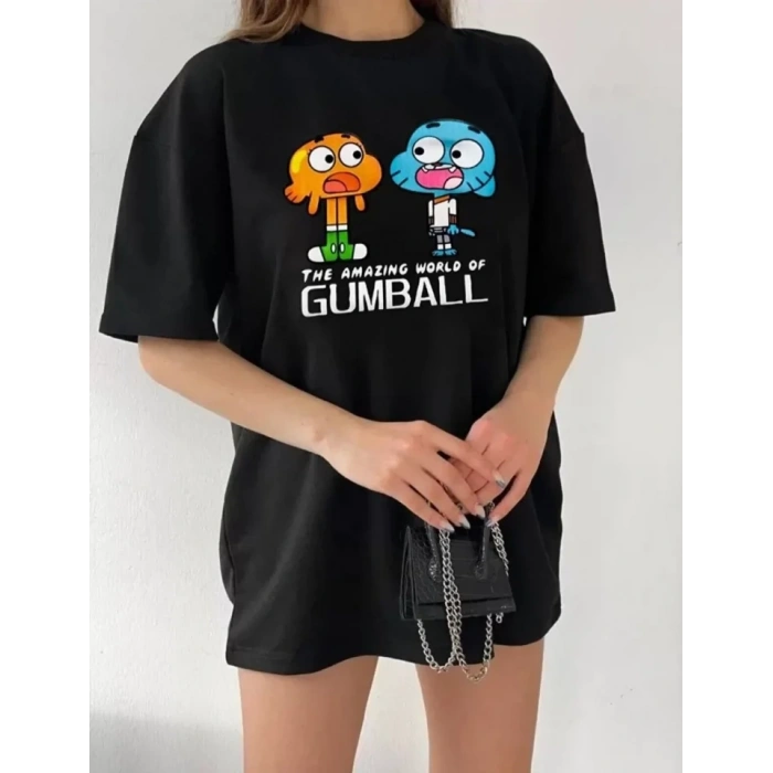 Bisiklet Yaka Baskılı Oversize T-Shirt - Siyah