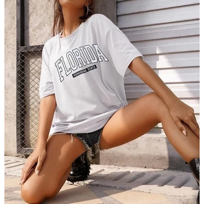 Bisiklet Yaka Baskılı T-shirt - Beyaz