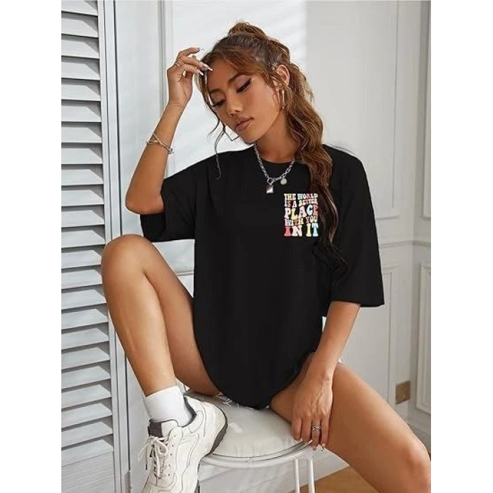 Bisiklet Yaka Baskılı T-shirt - Siyah
