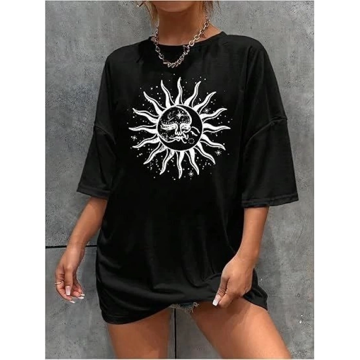 Bisiklet Yaka Baskılı T-shirt - Siyah