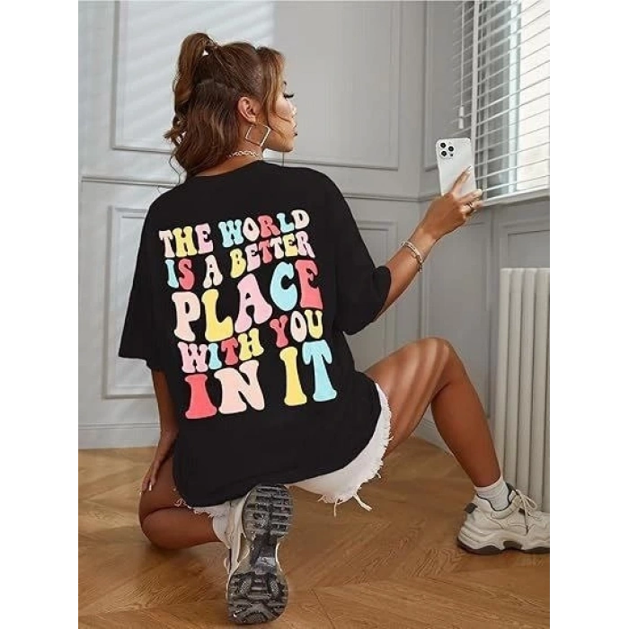 Bisiklet Yaka Baskılı T-shirt - Siyah