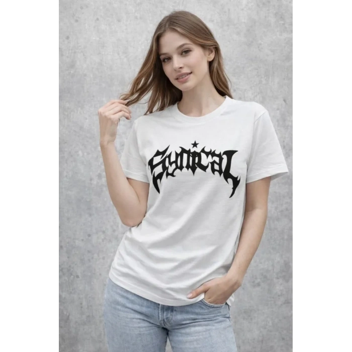 Bisiklet Yaka Ön Baskılı Kısa Kollu Tişört Streetwear Günlük Basic Pamuklu T-shirt - Beyaz