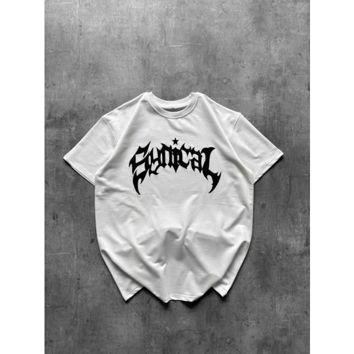 Bisiklet Yaka Ön Baskılı Kısa Kollu Tişört Streetwear Günlük Basic Pamuklu T-shirt - Beyaz