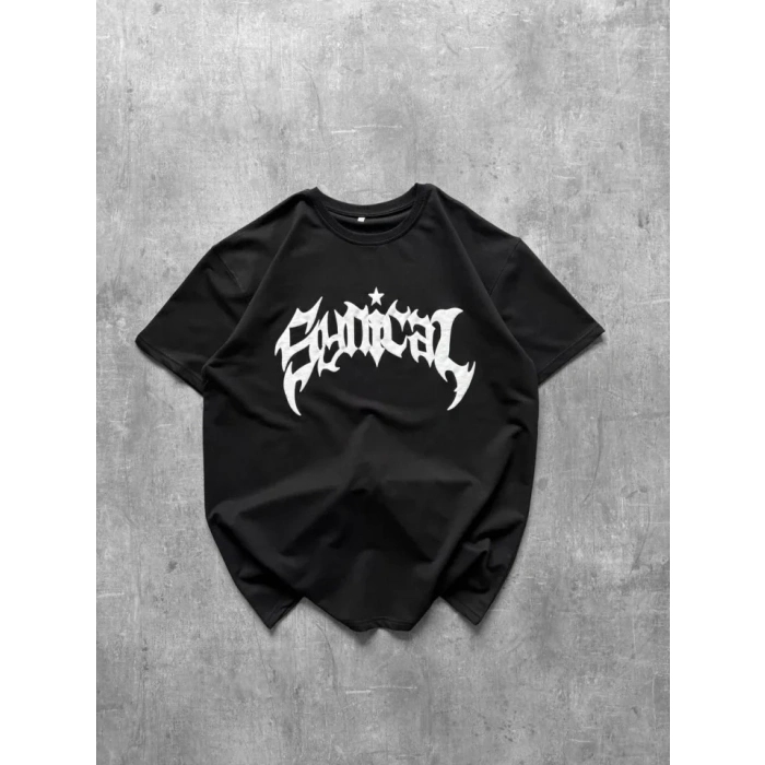Bisiklet Yaka Ön Baskılı  Kısa Kollu Tişört Streetwear Günlük Basic Pamuklu T-shirt - Siyah