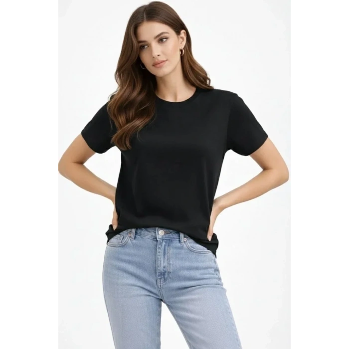 Bisiklet Yaka Tişört Regular Kalıp Basic Pamuklu Günlük Kullanım T-shirt - Siyah