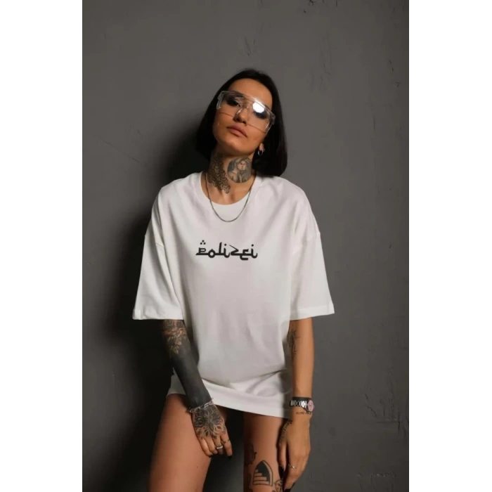 Bisiklet Yakalı Sırt Baskılı Oversize T-Shirt - Beyaz