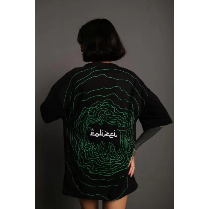 Bisiklet Yakalı Sırt Baskılı Oversize T-Shirt - Siyah