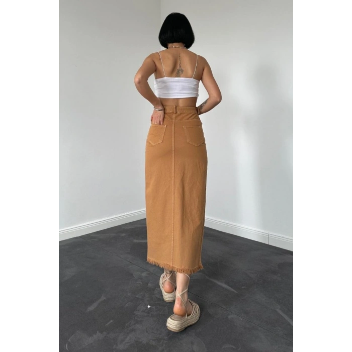 Camel Gabardin Boyamalı Püsküllü Etek