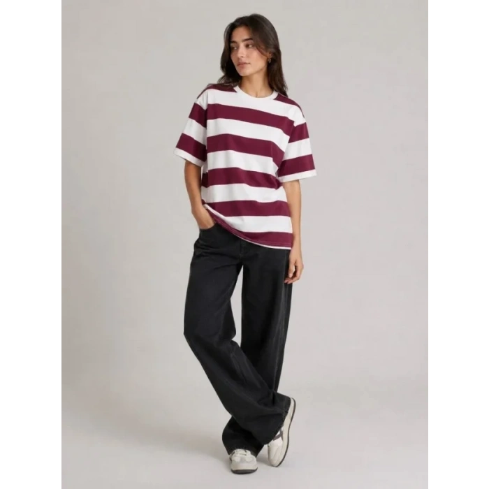 Çizgili Oversize Tişört Bisiklet Yaka Kısa Kol Yazlık T-Shirt - Bordo