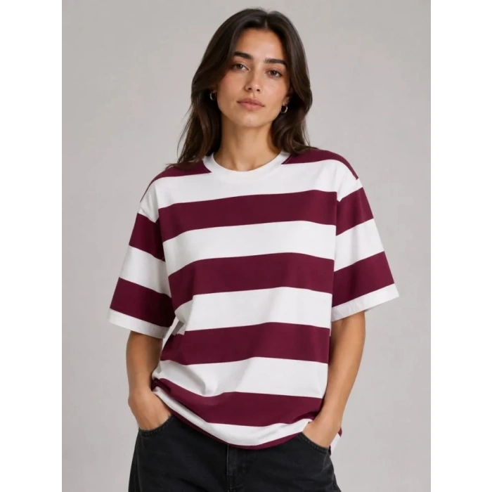 Çizgili Oversize Tişört Bisiklet Yaka Kısa Kol Yazlık T-Shirt - Bordo