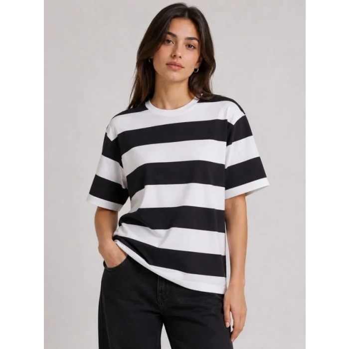 Çizgili Oversize Tişört Bisiklet Yaka Kısa Kol Yazlık T-Shirt - Siyah