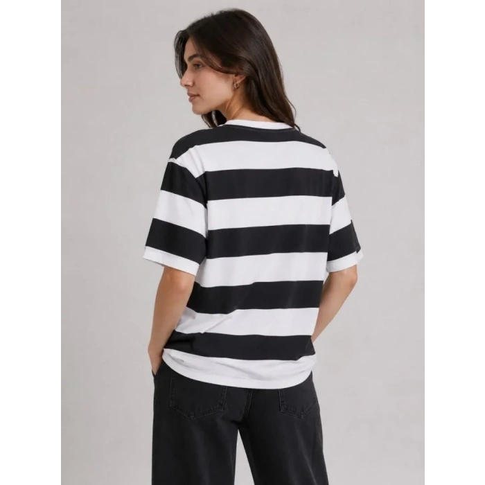 Çizgili Oversize Tişört Bisiklet Yaka Kısa Kol Yazlık T-Shirt - Siyah