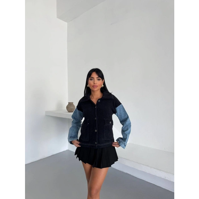 Denim Kol Detaylı Kontrast Ceket – Güçlü Stil, Net Duruş - Siyah