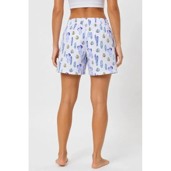 Deniz Şortu Kaktüs Desenli Cepli Bağcıklı File Astarlı Hızlı Kuruyan - Beyaz