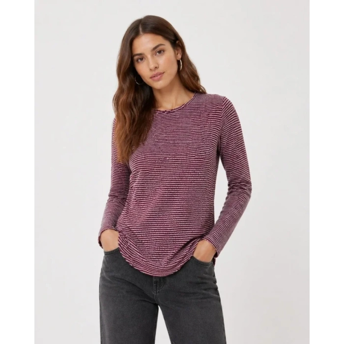 Dokulu Çizgili Uzun Kollu Tişört Oval Kesim Basic Rahat Kalıp Bluz - Bordo