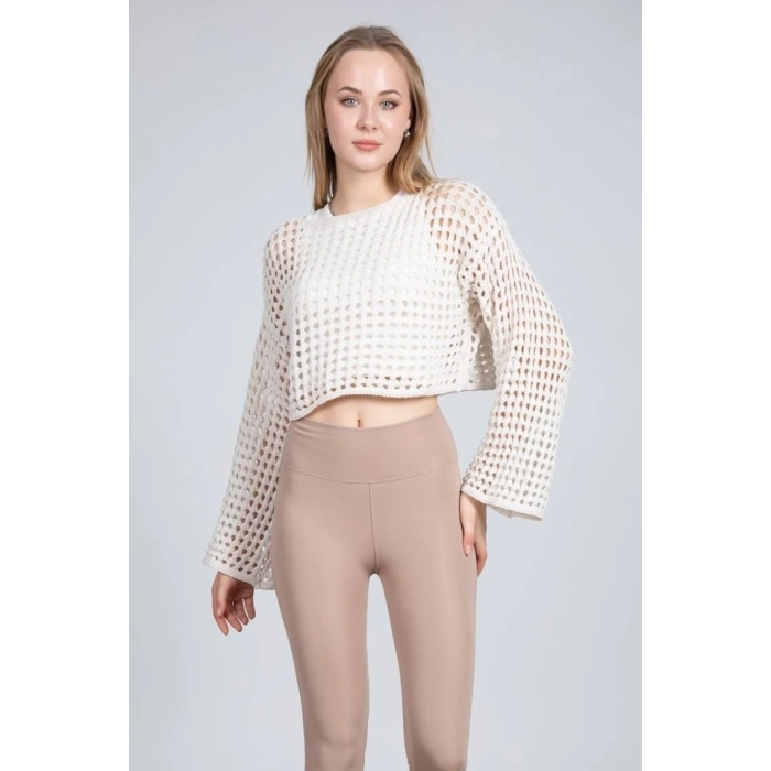 Ekru Ajurlu Crop Bluz - Ekru