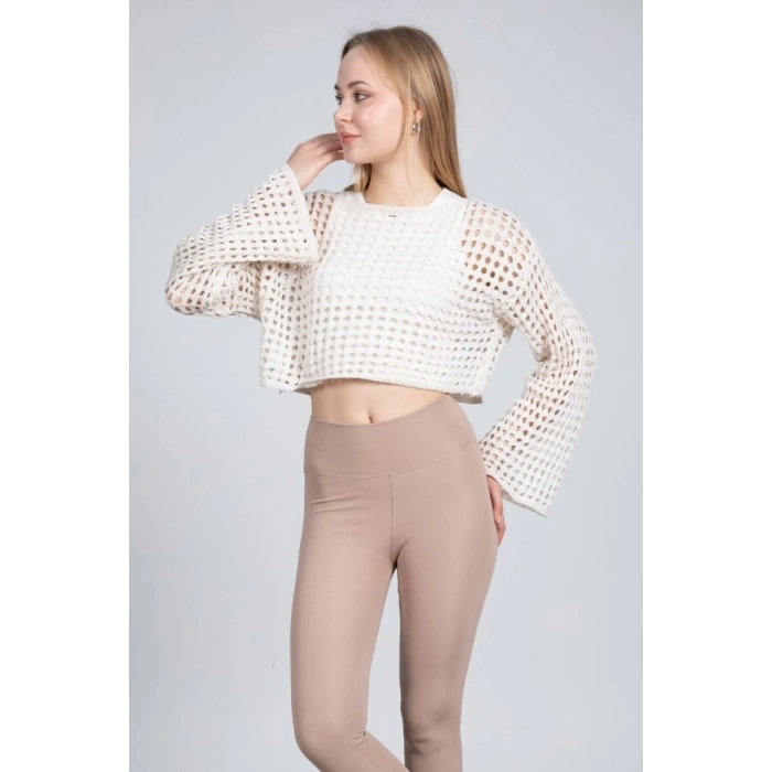 Ekru Ajurlu Crop Bluz - Ekru
