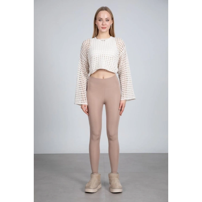 Ekru Ajurlu Crop Bluz - Ekru