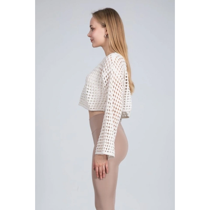Ekru Ajurlu Crop Bluz - Ekru