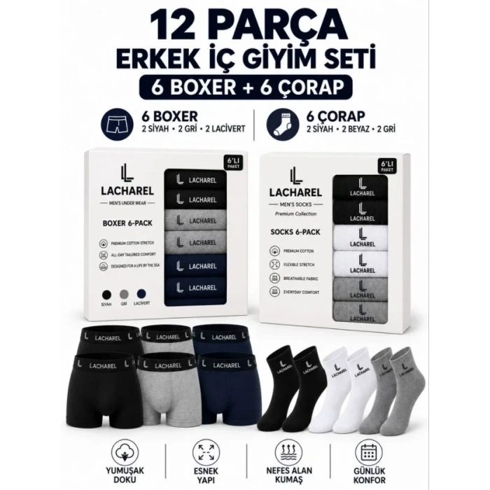 Erkek 12li İç Giyim Seti Pamuklu 6 Boxer 6 Çorap Çoklu Paket - Siyah - Lacivert - Gri - Beyaz