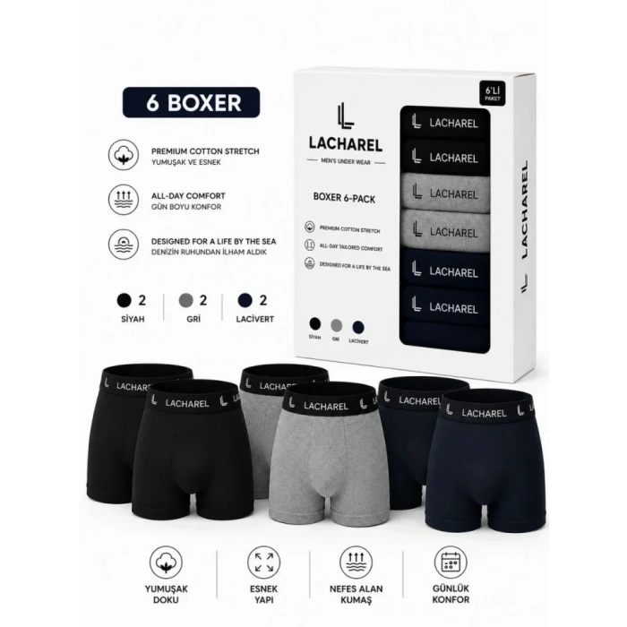 Erkek 12li İç Giyim Seti Pamuklu 6 Boxer 6 Çorap Çoklu Paket - Siyah - Lacivert - Gri - Beyaz