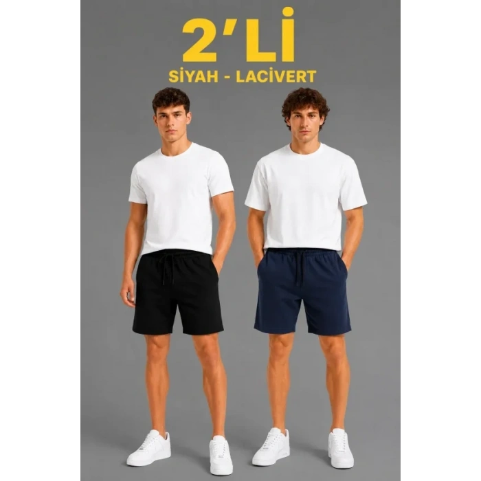 Erkek 2li Pamuklu Şort 3 İplik Şardonsuz Cepli Lastikli Bağcıklı Regular Fit - Siyah - Lacivert
