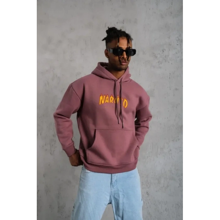 Erkek 3 İplik Pamuklu Kapüşonlu Baskılı Cepli Oversize Sweatshirt Hoodie - Gül Kurusu