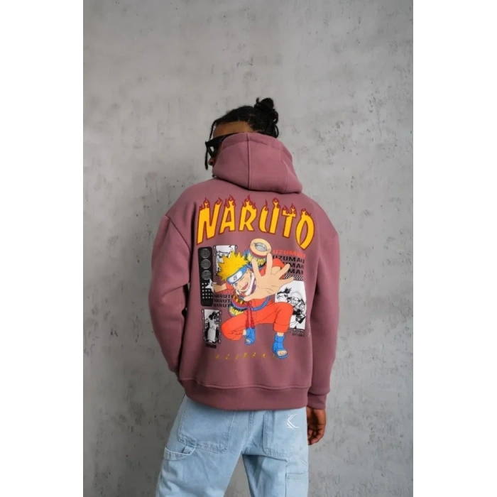 Erkek 3 İplik Pamuklu Kapüşonlu Baskılı Cepli Oversize Sweatshirt Hoodie - Gül Kurusu
