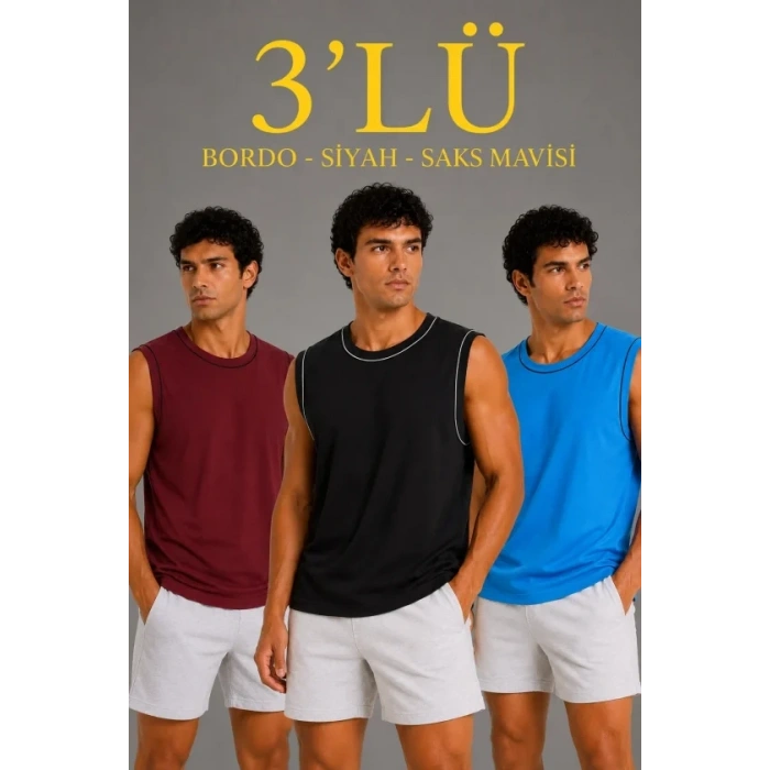 Erkek 3’lü Kolsuz Sporcu Atlet Seti Yazlık Bisiklet Yaka - Siyah, Bordo, Turkuaz