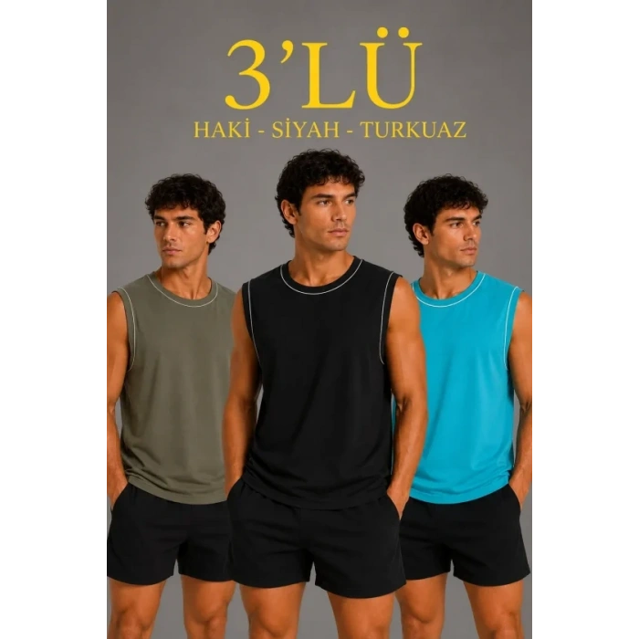 Erkek 3’lü Kolsuz Sporcu Atlet Seti Yazlık Bisiklet Yaka - Siyah, Haki, Açık Mavi