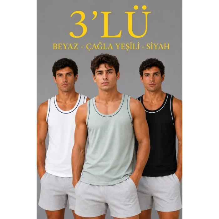 Erkek 3’lü Kolsuz Sporcu Atlet Seti Yazlık Bisiklet Yakalı - Mint Yeşili, Siyah, Beyaz