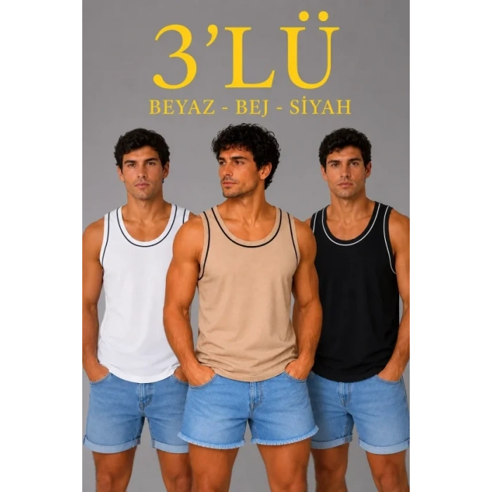 Erkek 3’lü Kolsuz Sporcu Atlet Seti Yazlık Bisiklet Yakalı - Siyah, Bej, Beyaz