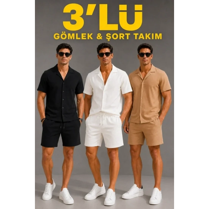 Erkek 3’lü Krep Kumaş Cepli Gömlek Şort Takım Kısa Kollu Bağcıklı - Siyah , Beyaz , Bej