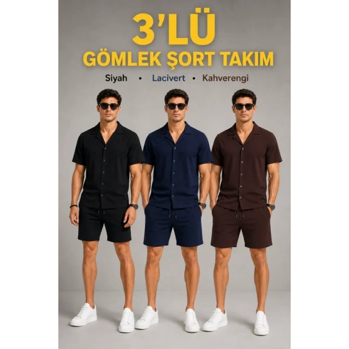 Erkek 3’lü Krep Kumaş Cepli Gömlek Şort Takım Kısa Kollu Bağcıklı - Siyah , Lacivert , Kahverengi