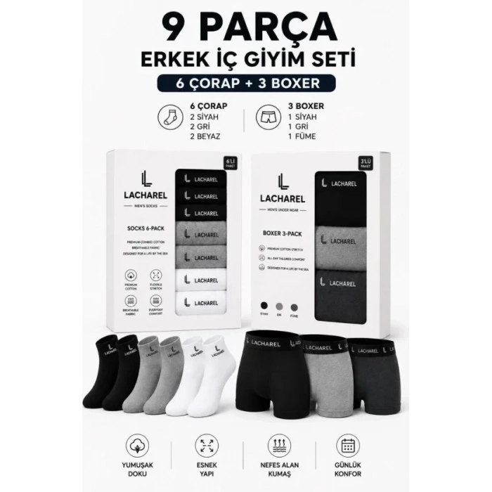 Erkek 9Lu İç Giyim Seti Pamuklu 3 Boxer 6 Çorap Çoklu Paket - Siyah - Füme - Gri - Beyaz