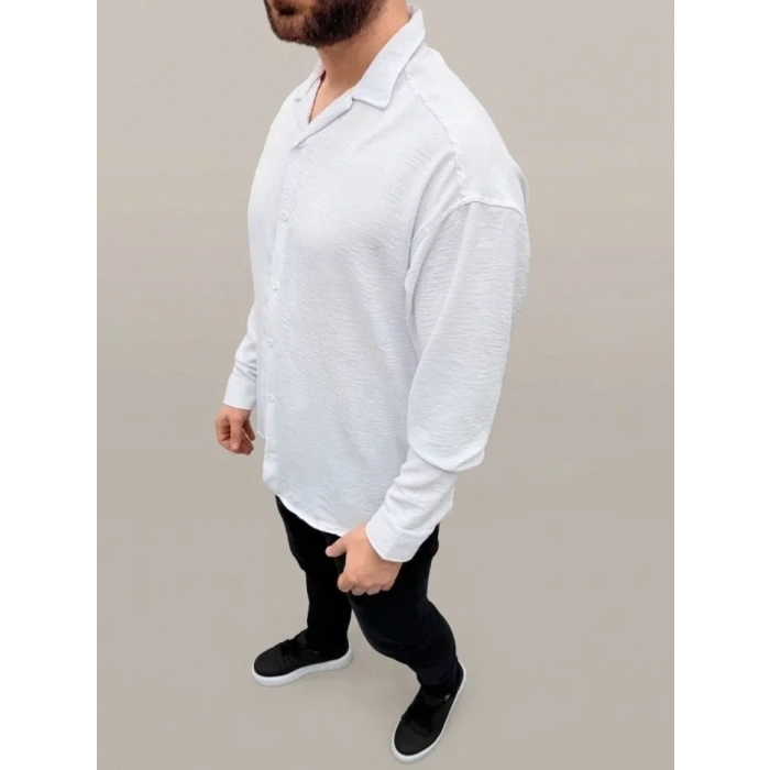 Erkek Aerobin Kumaş Oversize 4 Mevsim Uzun Kollu Rahat Kalıp Gömlek - Beyaz