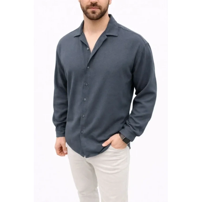 Erkek Aerobin Kumaş Oversize 4 Mevsim Uzun Kollu Rahat Kalıp Gömlek - Füme