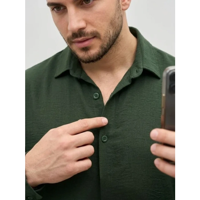 Erkek Aerobin Kumaş Oversize 4 Mevsim Uzun Kollu Rahat Kalıp Gömlek - Haki